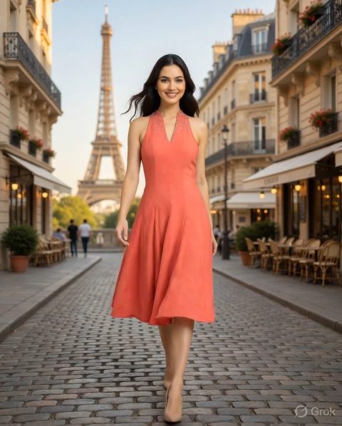 Rust Beads Halter Neck Dress